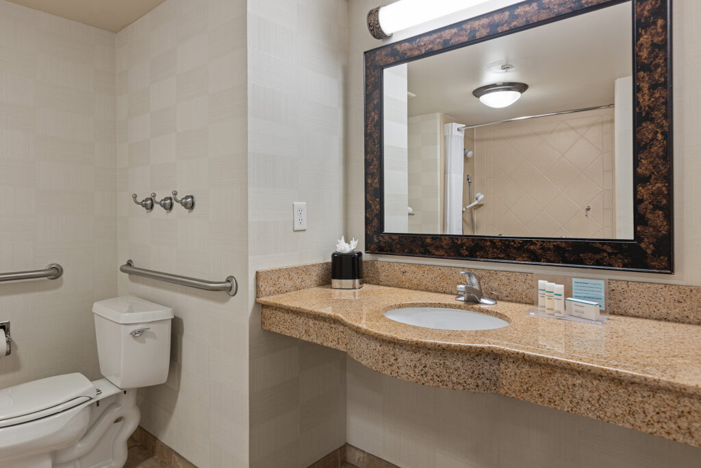 This Hilton bathroom in South Carolina features a granite countertop, a large mirror with a decorative frame, and a toilet beside it. Beige walls complement the mounted tissue holder and towel rail near the shower area, with toiletries neatly arranged by the sink, evoking Hampton Inn style.